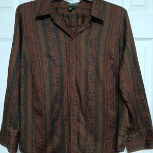 Lauren Paisley Multicolor Button Collared Shirt 100% Cotton Boho Colorful Earth